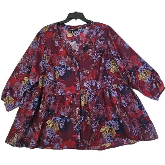 Chelsea Studio~Plus Size(26/28)2X~ Red/Brown Floral Button-Up Bloyse 3/4 Sleeve - Picture 5 of 14